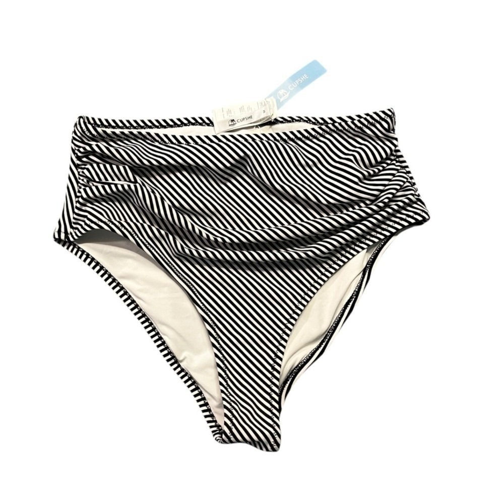 Cupshe High Waist Bikini Bottom Bathing Suit Swimsuit M Striped Black White new